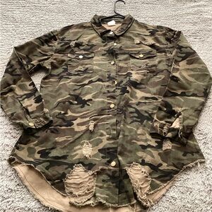 SHEIN Women's Camouflage Distressed Button Down Shirt